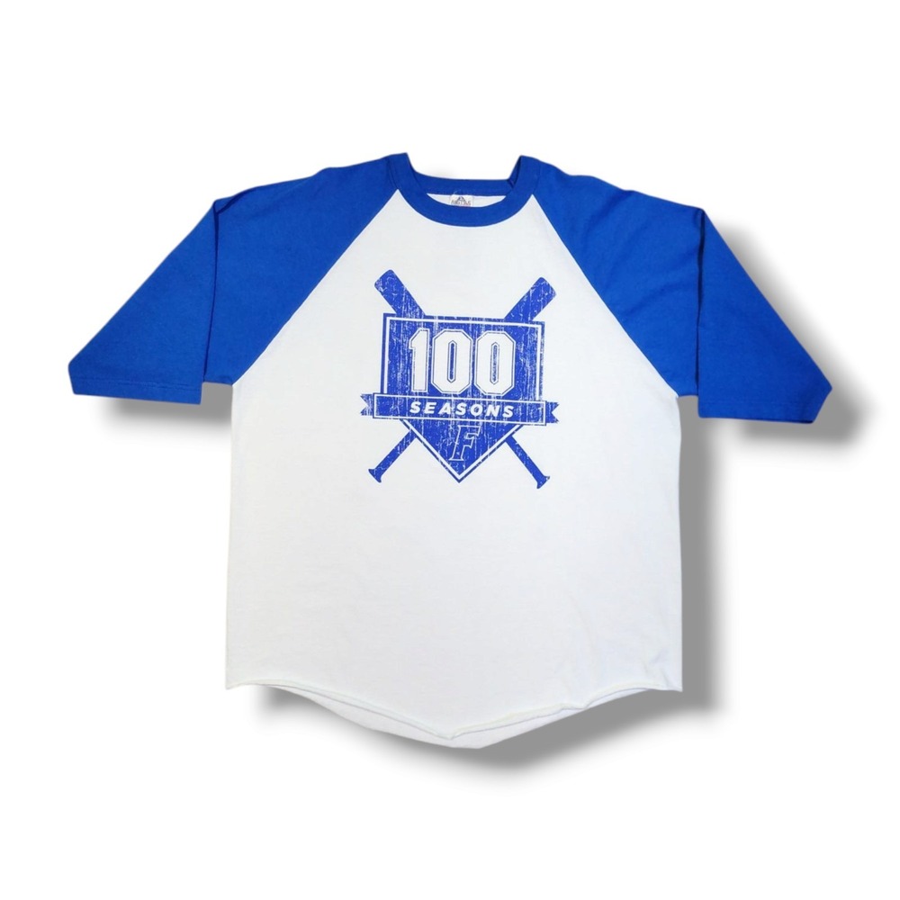 Alstyle 100 Seasons on Baseball Diamond 3/4 sleeve White Blue T-Shirt Men's XL